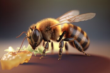 A bee sitting on top of a piece of honey. Generative Ai art. Closeup view