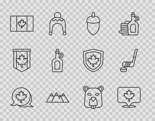 Set line Canadian maple leaf, Acorn, Mountains, Flag of Canada, Bottle syrup, Beaver animal and Ice hockey stick and puck icon. Vector