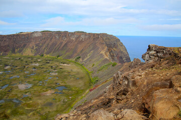 Fototapeta na wymiar Caldera of the volcano Rano Kau Easter Island, Rapa Nui, Chile, South America 