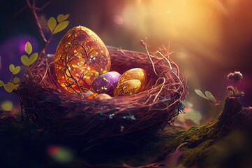 easter eggs in nest on sunlight and bokeh background. Generated AI