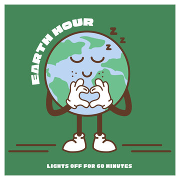 Earth Hour Card. Vintage nostalgia cartoon earth planet mascot character with heart hand gesture. Environment protection green life concept illustration. Retro flat vector design.