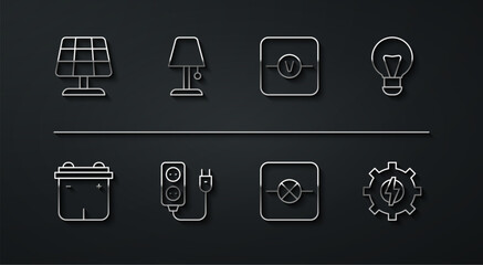 Set line Solar energy panel, Car battery, Creative lamp light idea, Lamp in electronic circuit, Electric extension, Table, Gear and lightning and Voltmeter icon. Vector