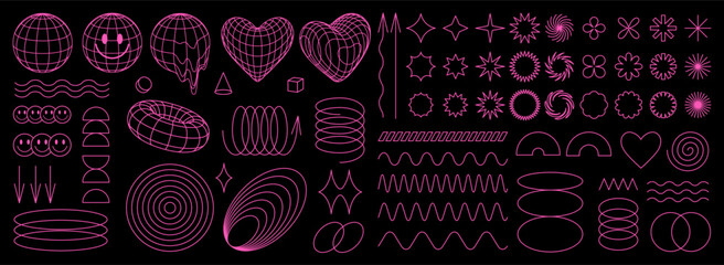 Fototapeta na wymiar Geometry wireframe shapes and grids in neon pink color. 3D hearts, abstract backgrounds, patterns, cyberpunk elements in trendy psychedelic rave style. 00s Y2k retro futuristic aesthetic.