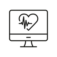 Heartbeat Monitoring. Cardiology Diagnosis. Heart Beat Medical Computer Line Icon. Cardiogram, ECG, EKG Linear Pictogram. Electrocardiogram Outline Icon. Editable Stroke. Isolated Vector Illustration