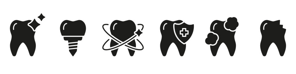 Dental Implant, Orthodontic Protection Silhouette Icon Set. Oral Care Glyph Pictogram. Dental Treatment Solid Sign. Tooth Whitening Procedure. Dentistry Symbol. Isolated Vector Illustration