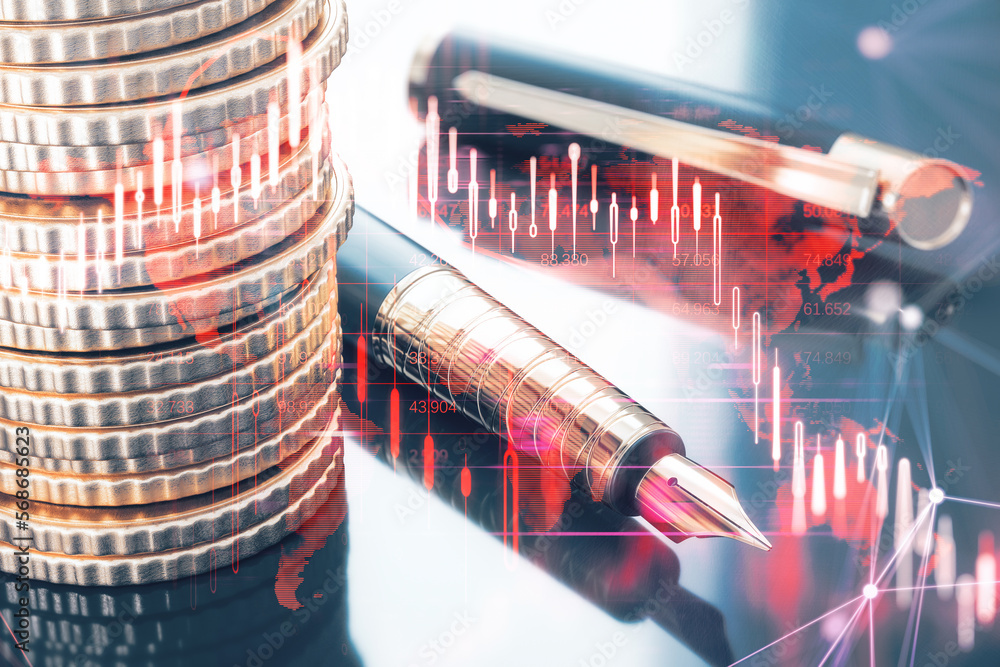 Poster close up of stacked coins and fountain pen on desktop with glowing falling red forex chart on blurry