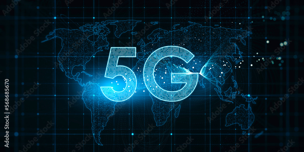 Leinwandbilder global wireless and high speed internet connection concept with digital glowing 5g symbol on world m