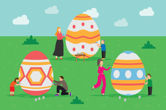Young family and kids are decorating and painting huge easter eggs 2d vector illustration concept for banner, website, illustration, landing page, flyer, etc