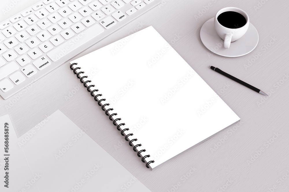 Poster Top view of light desktop with empty white notepad, pen and coffee cup. Workspace concept. 3D Rendering.