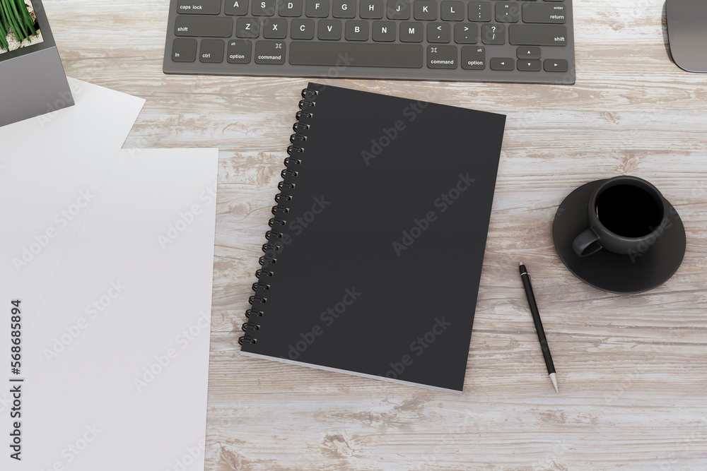 Aufkleber Top view of wooden desk with empty black notepad, pen and coffee cup. Workspace concept. 3D Rendering.