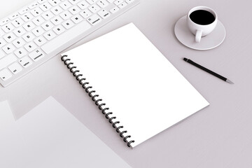 Top view of light desktop with empty white notepad, pen and coffee cup. Workspace concept. 3D...