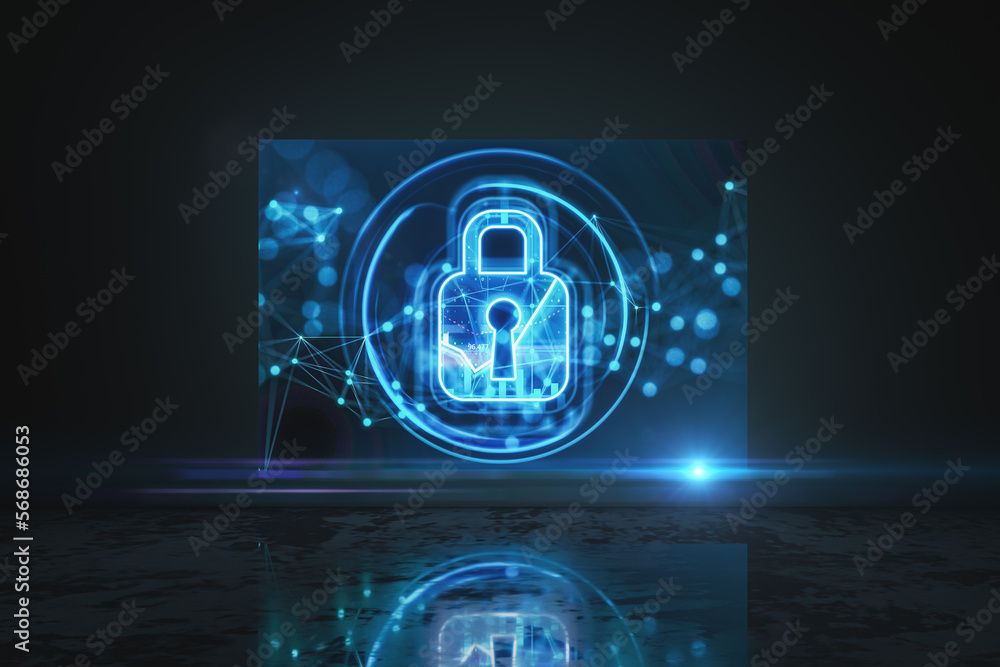 Poster Cyber security and data protection concept with digital glowing pad lock on virtual screen on abstract hall on dark background. 3D rendering