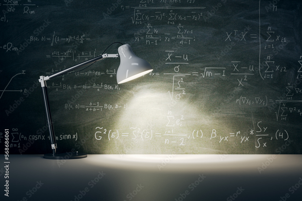 Poster Dark chalkboard with mathematical formulas background with place for product presentation illuminated by white table lamp. 3D rendering, mockup