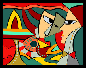 Colorful background, cubism art style,abstracts faces