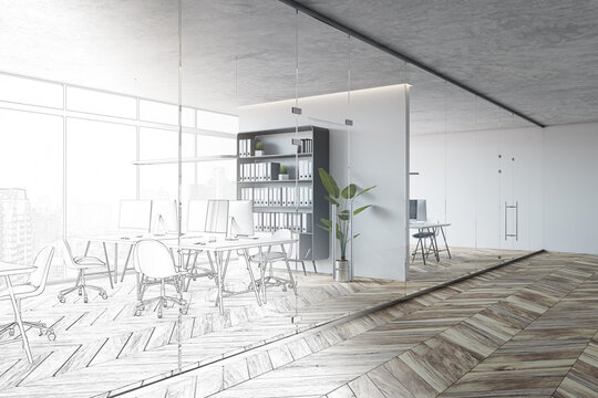 Sketch of modern glass office interior with wooden flooring, furniture, window with city view and other objects. Design and refurbishment concept. 3D Rendering.