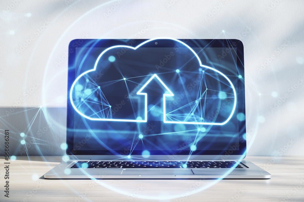Poster Online storage, cloud computing technology concept with front view on digital cloud symbol with arrow surrounded by virtual circles on modern laptop background, double exposure