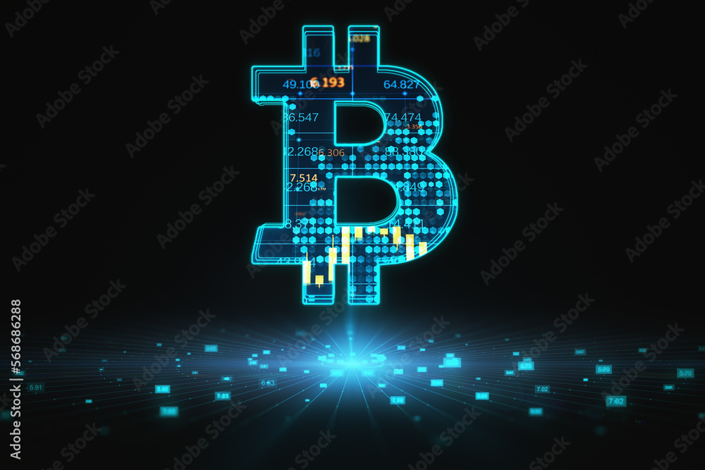 Aufkleber Cryptocurrency and digital money exchange concept with blue bitcoin symbol with financial chart indicators on abstract dark background above big data visualization. 3D rendering