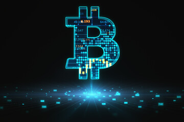 Obraz premium Cryptocurrency and digital money exchange concept with blue bitcoin symbol with financial chart indicators on abstract dark background above big data visualization. 3D rendering