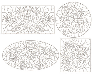 Set of contour illustrations of stained glass Windows with roses , oval and rectangular images, dark contours on a white background