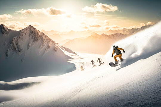 Snowboarders riding down a snowy hill with mountains in the background - Generative AI