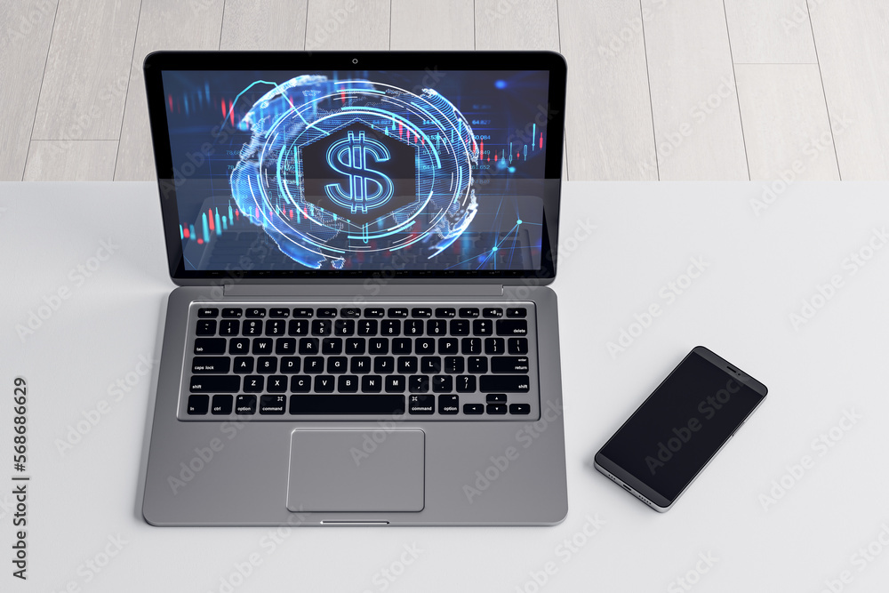 Poster top view of laptop computer and cellphone on desktop with glowing dollar hologram on white backgroun