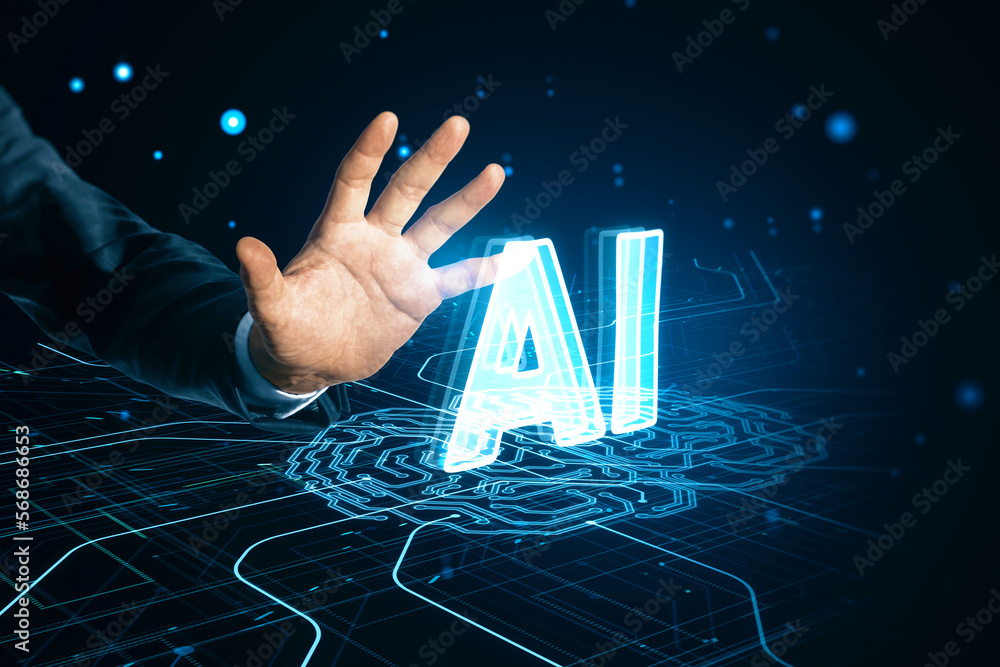 Leinwandbilder hand pointing at hologram. Futuristic design of artificial Intelligence ai brain with circuit board. Learning process and problem solving concept. 