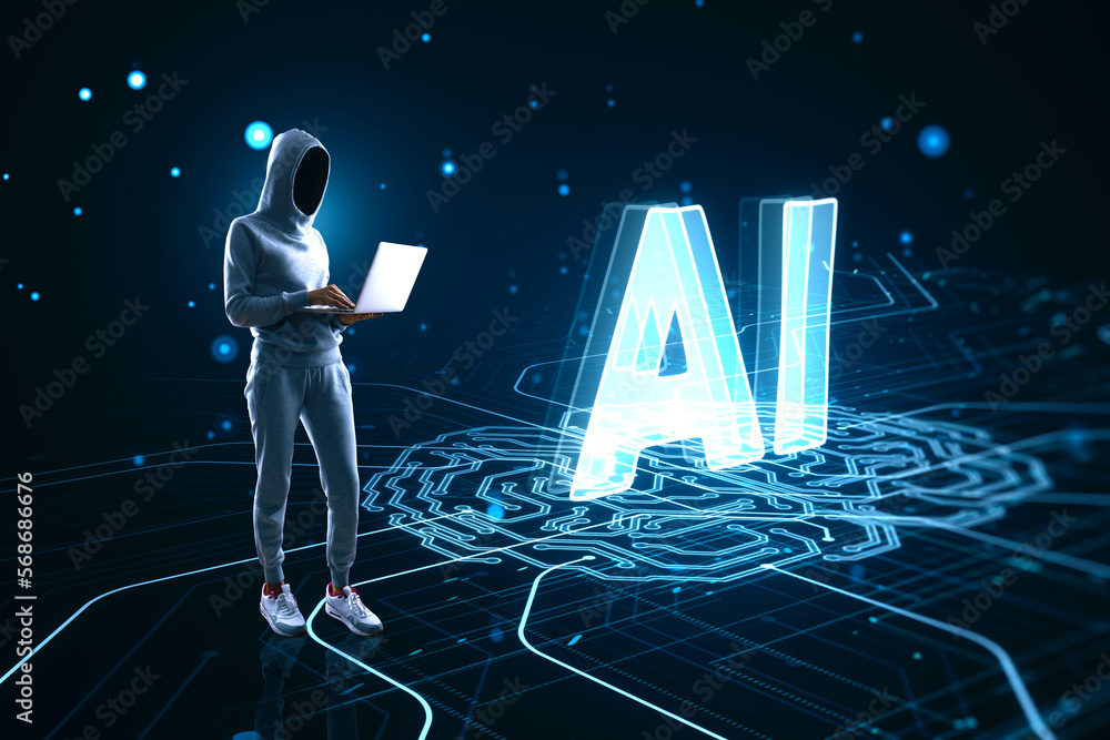 Aufkleber Hacker using laptop with glowing circuit brain AI hologram on dark background. Artificial intelligence, machine learning and futuristic technology concept.