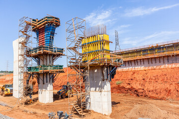 Industrial Construction New Development  Road Bridges Foundations Concrete Columns Molds Halfway On...