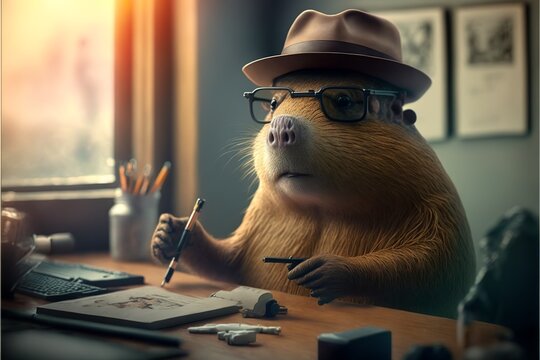 Anthropomorphic gopher detective investigating , wearing hat and sunglasses 
