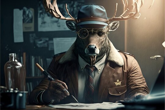 Anthropomorphic reindeer detective in suit and tie 