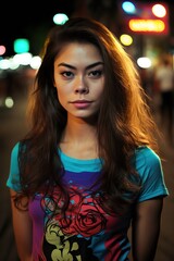  A fictional person. Beautiful young half Asian woman at street at night. Generative AI