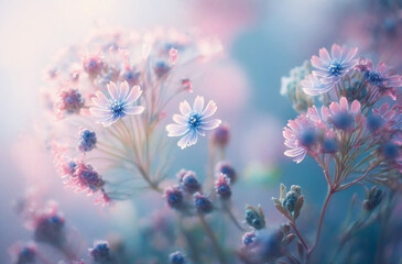 Soft blur spring floral background in pastel colors. Flowers in spring in nature close-up macro. Generative AI.