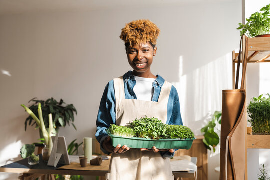 Smiling gardener holding microgreens in sunlight at home