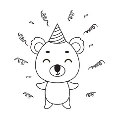 Coloring page cute little koala in birthday hat. Coloring book for kids. Educational activity for preschool years kids and toddlers with cute animal. Vector stock illustration