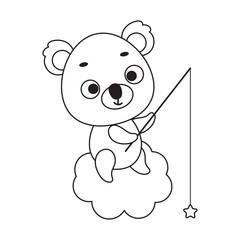 Coloring page cute little koala fishing star on cloud. Coloring book for kids. Educational activity for preschool years kids and toddlers with cute animal. Vector stock illustration