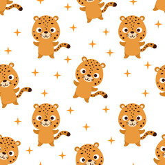 Cute little cheetah seamless childish pattern. Funny cartoon animal character for fabric, wrapping, textile, wallpaper, apparel. Vector illustration