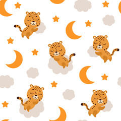 Cute little cheetah sleeping on cloud seamless childish pattern. Funny cartoon animal character for fabric, wrapping, textile, wallpaper, apparel. Vector illustration