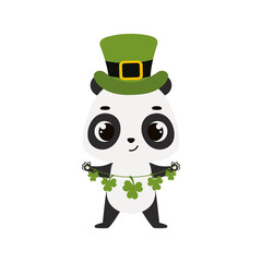Cute panda in green leprechaun hat with clover. Irish holiday folklore theme. Cartoon design for cards, decor, shirt, invitation. Vector stock illustration