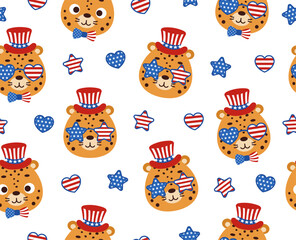 Cute little cheetah head in USA patriotic hat seamless childish pattern. Funny cartoon animal character for fabric, wrapping, textile, wallpaper, apparel. Vector illustration