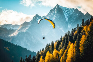 A paraglider flying in the sky, with mountains and forests in the background - Generative AI - obrazy, fototapety, plakaty