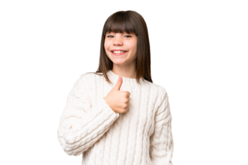 Little caucasian girl over isolated background giving a thumbs up gesture