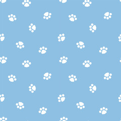 seamless minimal cute, sweet, pastel animal pet dog foot print paw repeat pattern in blue background, flat vector illustration graphic design © buzstop