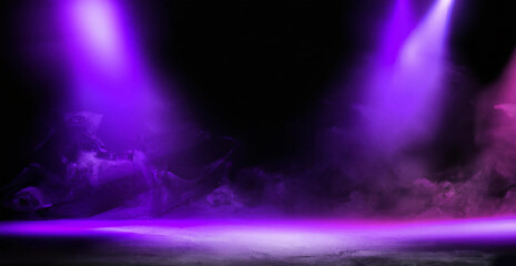 Fototapeta na wymiar The dark stage shows, purple background, an empty dark scene, neon light, spotlights. Studio room with smoke for display products. Illustration