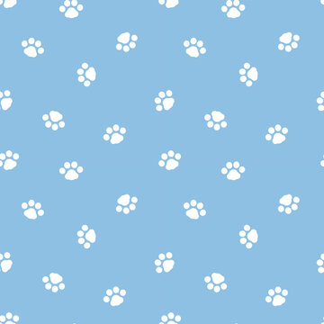 Fototapeta seamless minimal cute, sweet, pastel animal pet dog foot print paw repeat pattern in blue background, flat vector illustration graphic design