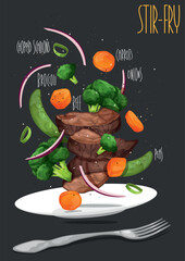 Stir fry in a wok. Chinese cuisine. Beef with vegetables. Vector illustration