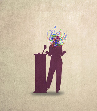 Illustration of tangled lines covering head of female speaker