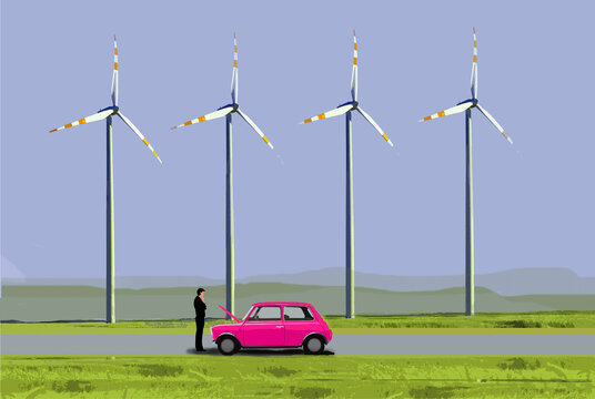 Illustration of man dealing with vehicle breakdown in front of wind farm turbines