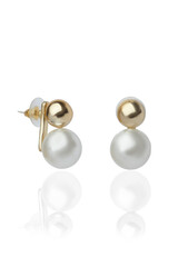 Subject shot of  stud earrings in the form of two beads. One of them is a pearl and the other is metallic. The earrings are isolated on a white background.