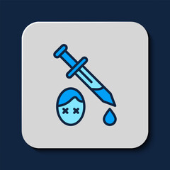 Filled outline Sword with blood icon isolated on blue background. Medieval weapons knight and soldier. Symbol of murder. Vector