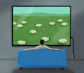 Illustration of man watching TV program depicting flock of grazing sheep